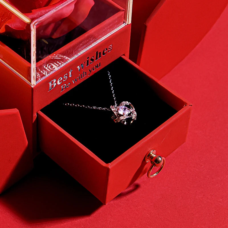 Immortal Flower Jewelry Box Apple Jewelry Rose Gift Box /W Necklace Wedding Decor Anniversary Gifts for Mother Girlfriend Wife