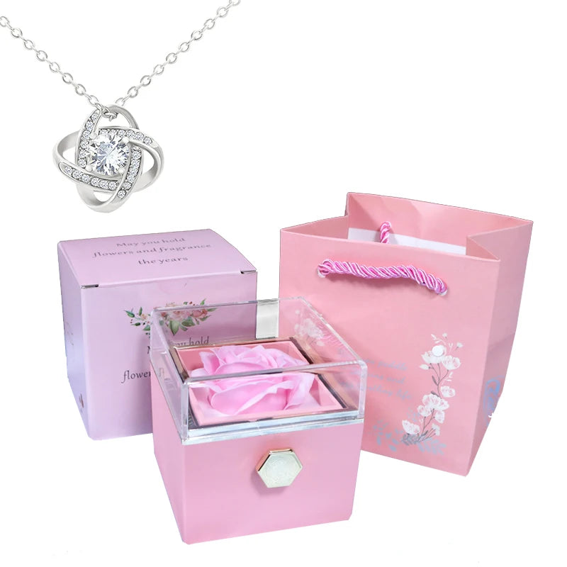Valentine Soap Rose Jewelry Box with Necklace Rotate Wedding Pendant Rring Storage Case Christmas Gifts for Women Girlfriend