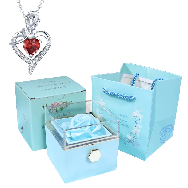 Valentine Soap Rose Jewelry Box with Necklace Rotate Wedding Pendant Rring Storage Case Christmas Gifts for Women Girlfriend