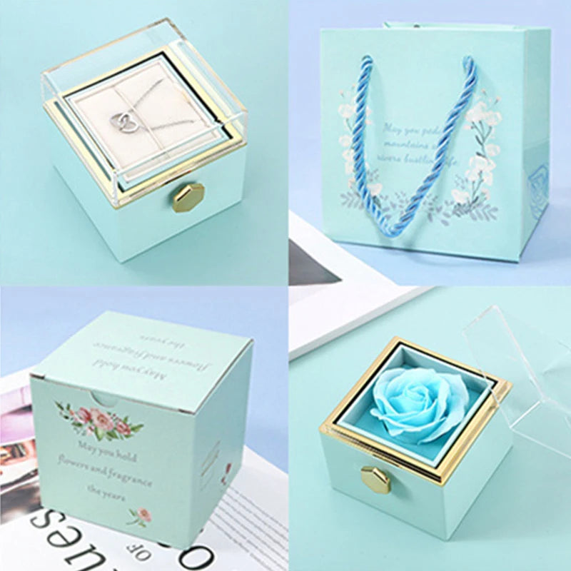 Valentine Soap Rose Jewelry Box with Necklace Rotate Wedding Pendant Rring Storage Case Christmas Gifts for Women Girlfriend