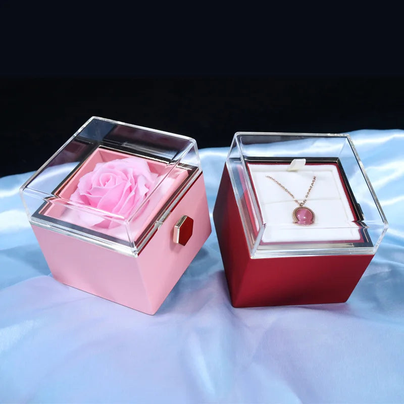 Valentine Soap Rose Jewelry Box with Necklace Rotate Wedding Pendant Rring Storage Case Christmas Gifts for Women Girlfriend