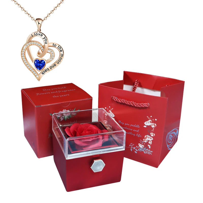 Valentine Soap Rose Jewelry Box with Necklace Rotate Wedding Pendant Rring Storage Case Christmas Gifts for Women Girlfriend