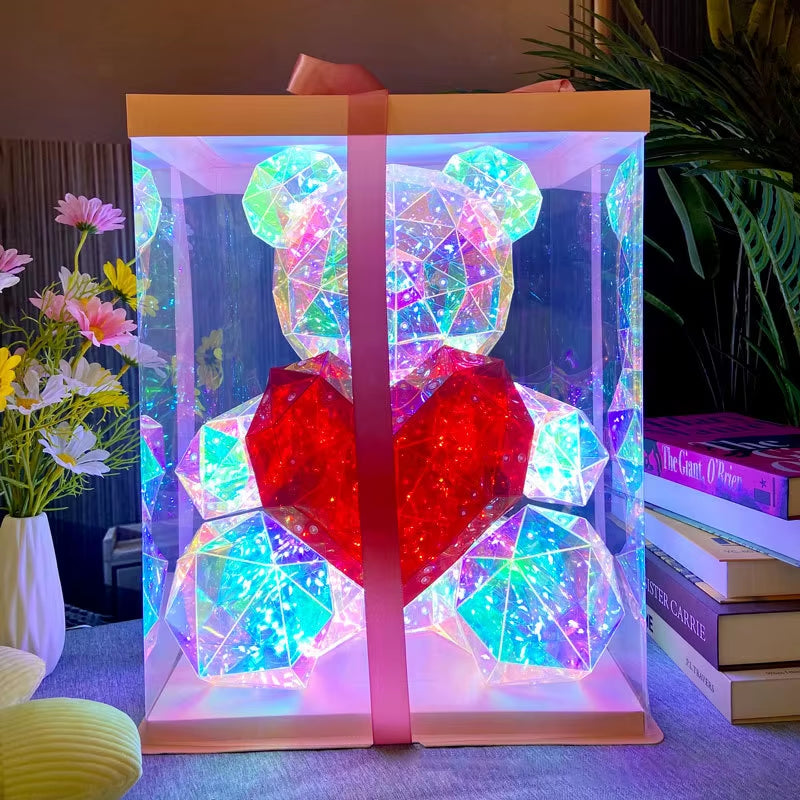 30Cm Phantom PVC Multi Faceted Rose Teddy Bear Valentine'S Day Xmas Gift Sequin LED Teddy Bear with Box Wedding Anniversary Gift