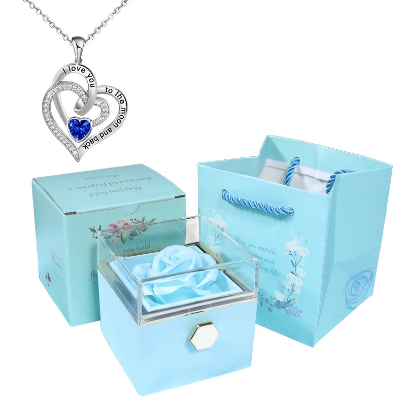 Valentine Soap Rose Jewelry Box with Necklace Rotate Wedding Pendant Rring Storage Case Christmas Gifts for Women Girlfriend