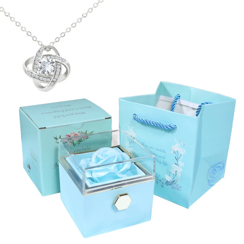 Valentine Soap Rose Jewelry Box with Necklace Rotate Wedding Pendant Rring Storage Case Christmas Gifts for Women Girlfriend