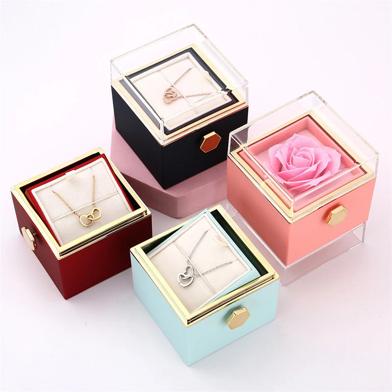 Valentine Soap Rose Jewelry Box with Necklace Rotate Wedding Pendant Rring Storage Case Christmas Gifts for Women Girlfriend