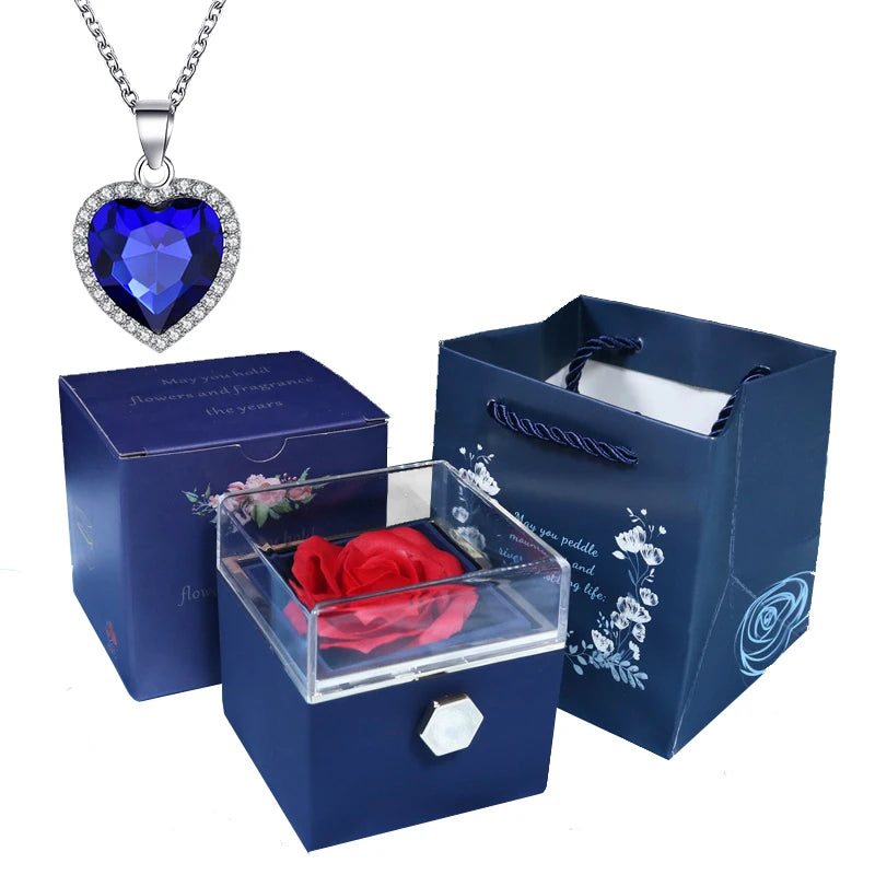 Valentine Soap Rose Jewelry Box with Necklace Rotate Wedding Pendant Rring Storage Case Christmas Gifts for Women Girlfriend