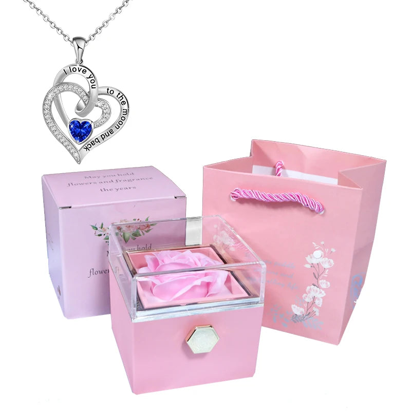 Valentine Soap Rose Jewelry Box with Necklace Rotate Wedding Pendant Rring Storage Case Christmas Gifts for Women Girlfriend