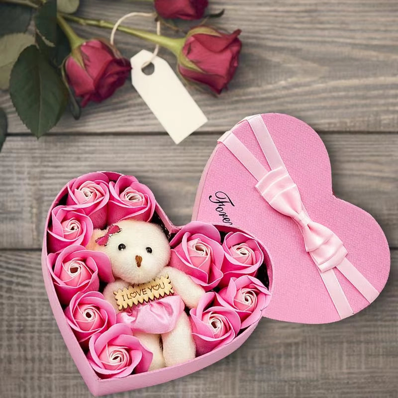 10Pcs Soap Rose Flowers Soap Flower Gift Box Bear Birthday Valentine Wedding Gifts for Girlfriend Women Wife Mother'S Day