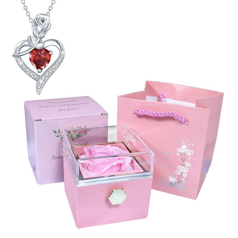 Valentine Soap Rose Jewelry Box with Necklace Rotate Wedding Pendant Rring Storage Case Christmas Gifts for Women Girlfriend