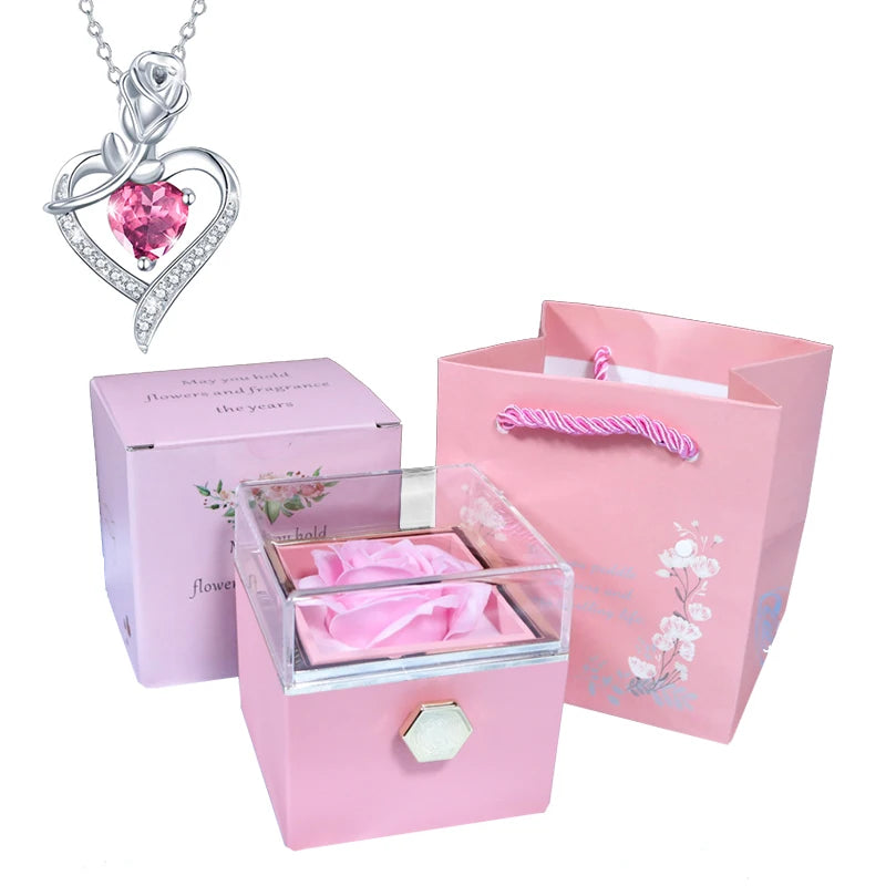 Valentine Soap Rose Jewelry Box with Necklace Rotate Wedding Pendant Rring Storage Case Christmas Gifts for Women Girlfriend