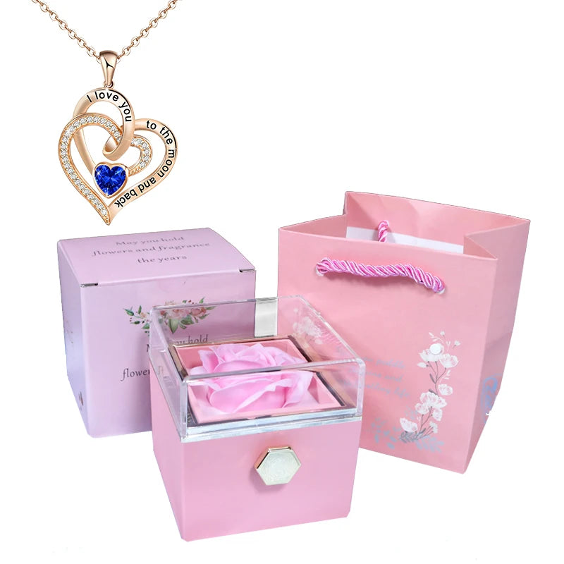 Valentine Soap Rose Jewelry Box with Necklace Rotate Wedding Pendant Rring Storage Case Christmas Gifts for Women Girlfriend