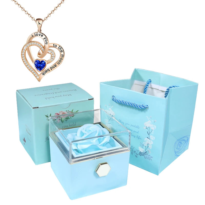 Valentine Soap Rose Jewelry Box with Necklace Rotate Wedding Pendant Rring Storage Case Christmas Gifts for Women Girlfriend