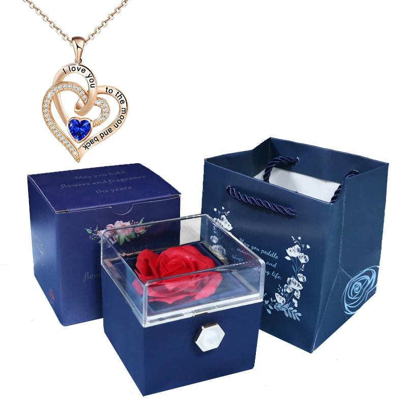 Valentine Soap Rose Jewelry Box with Necklace Rotate Wedding Pendant Rring Storage Case Christmas Gifts for Women Girlfriend