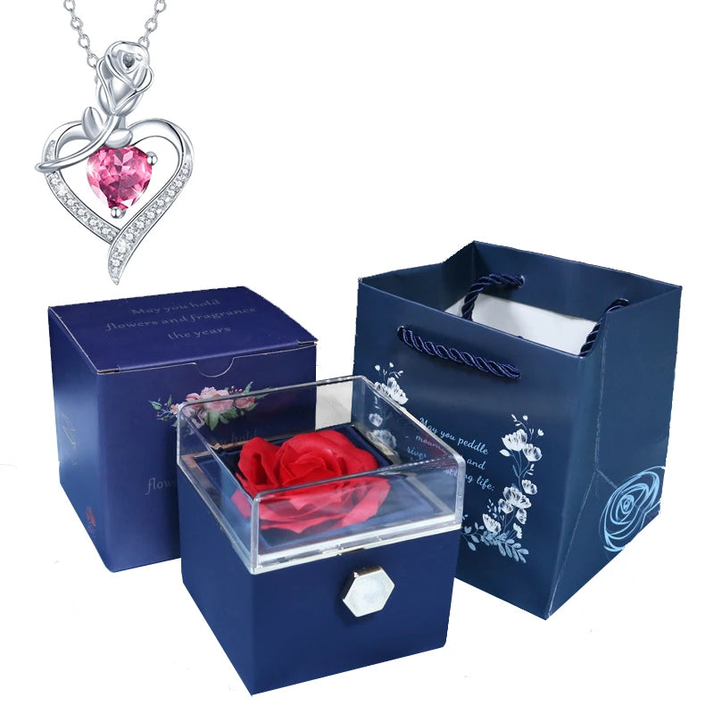 Valentine Soap Rose Jewelry Box with Necklace Rotate Wedding Pendant Rring Storage Case Christmas Gifts for Women Girlfriend