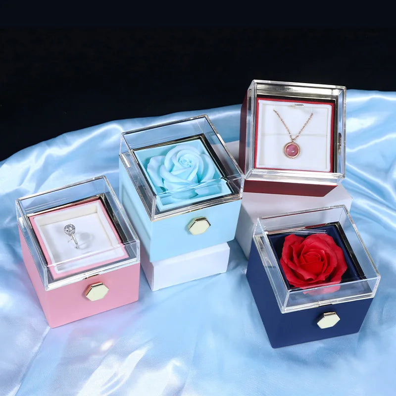 Valentine Soap Rose Jewelry Box with Necklace Rotate Wedding Pendant Rring Storage Case Christmas Gifts for Women Girlfriend