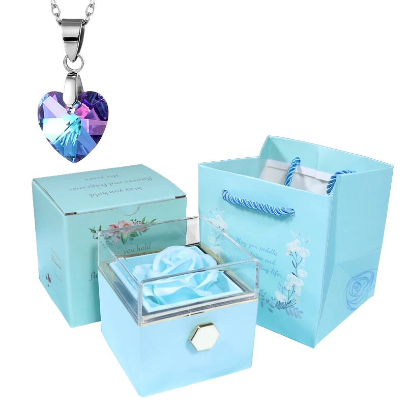 Valentine Soap Rose Jewelry Box with Necklace Rotate Wedding Pendant Rring Storage Case Christmas Gifts for Women Girlfriend