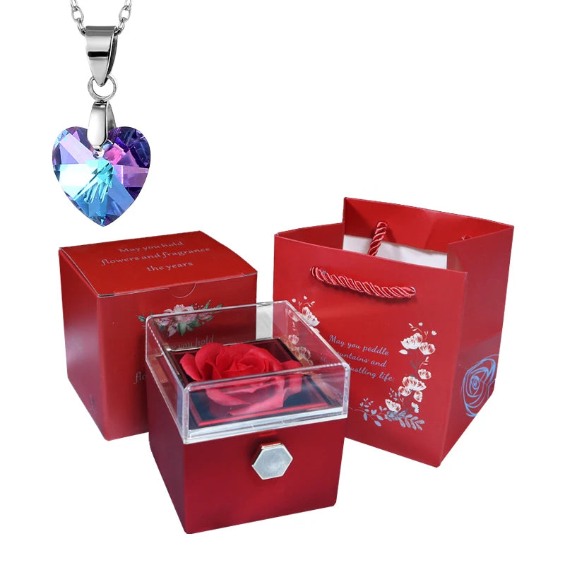 Valentine Soap Rose Jewelry Box with Necklace Rotate Wedding Pendant Rring Storage Case Christmas Gifts for Women Girlfriend