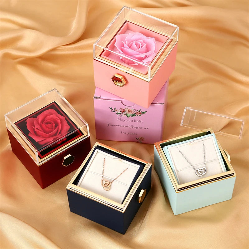 Valentine Soap Rose Jewelry Box with Necklace Rotate Wedding Pendant Rring Storage Case Christmas Gifts for Women Girlfriend