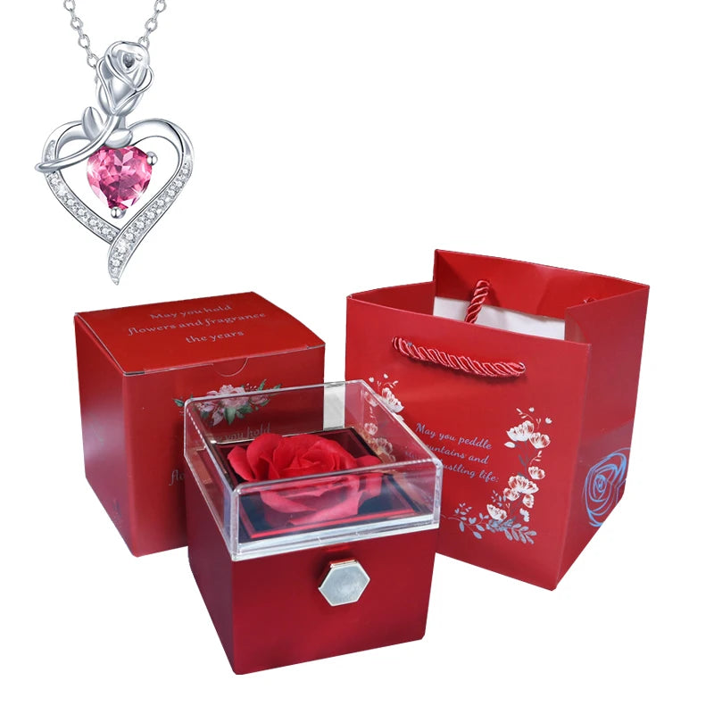 Valentine Soap Rose Jewelry Box with Necklace Rotate Wedding Pendant Rring Storage Case Christmas Gifts for Women Girlfriend