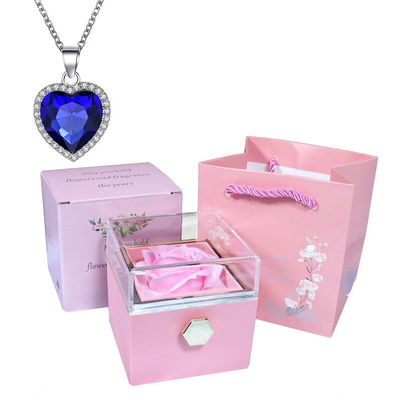 Valentine Soap Rose Jewelry Box with Necklace Rotate Wedding Pendant Rring Storage Case Christmas Gifts for Women Girlfriend