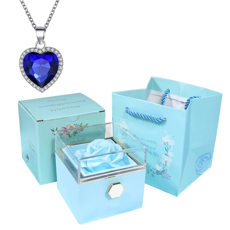 Valentine Soap Rose Jewelry Box with Necklace Rotate Wedding Pendant Rring Storage Case Christmas Gifts for Women Girlfriend