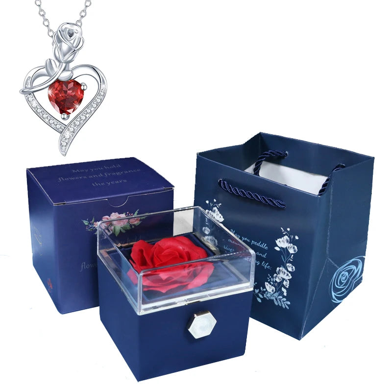 Valentine Soap Rose Jewelry Box with Necklace Rotate Wedding Pendant Rring Storage Case Christmas Gifts for Women Girlfriend