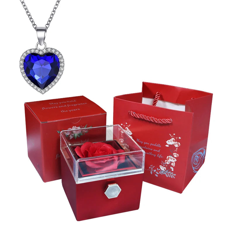 Valentine Soap Rose Jewelry Box with Necklace Rotate Wedding Pendant Rring Storage Case Christmas Gifts for Women Girlfriend