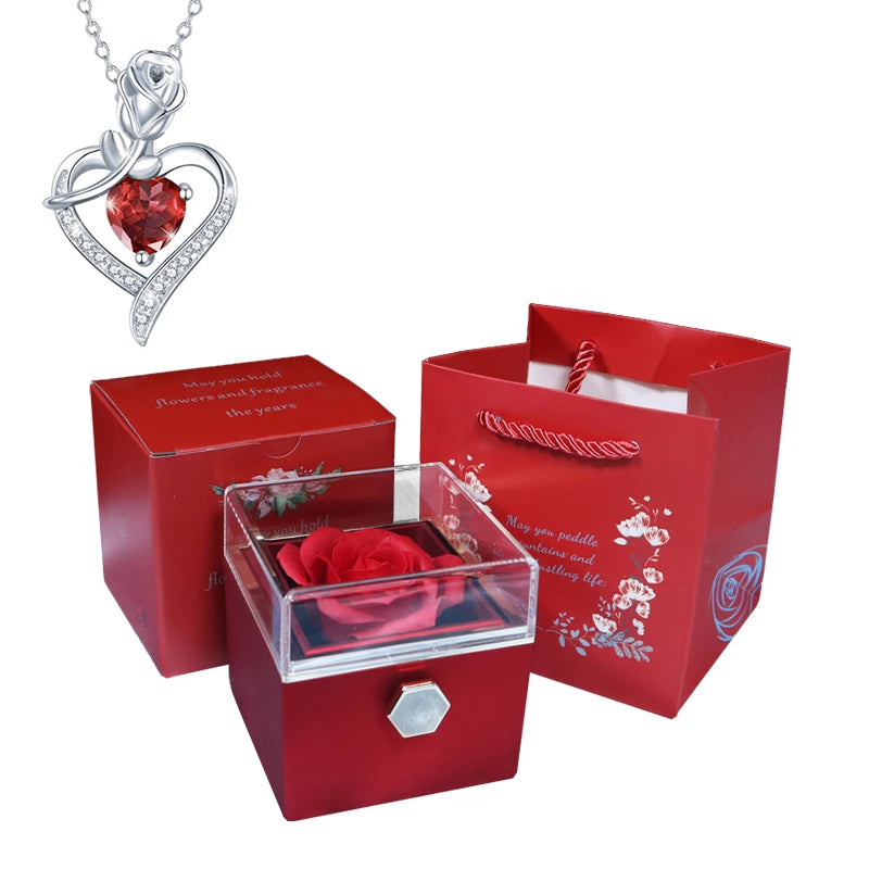 Valentine Soap Rose Jewelry Box with Necklace Rotate Wedding Pendant Rring Storage Case Christmas Gifts for Women Girlfriend