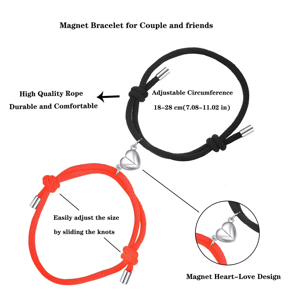 2Pcs Magnetic Couples Bracelets Heart Shaped Matching Attraction Adjustable Bracelets Lover Gifts for Boyfriend Girlfriend