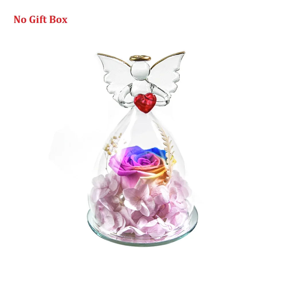 Gift for Girlfriend Forever Rose in Angel Glass Cover Eternal Flowers Home Decor Gifts for Wedding Birthday Valentine Day