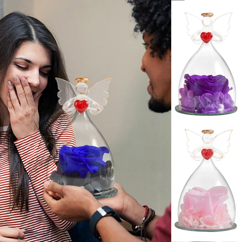 Gift for Girlfriend Forever Rose in Angel Glass Cover Eternal Flowers Home Decor Gifts for Wedding Birthday Valentine Day