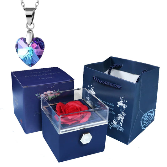 Valentine Soap Rose Jewelry Box with Necklace Rotate Wedding Pendant Rring Storage Case Christmas Gifts for Women Girlfriend