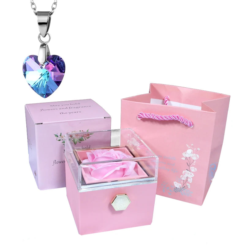 Valentine Soap Rose Jewelry Box with Necklace Rotate Wedding Pendant Rring Storage Case Christmas Gifts for Women Girlfriend