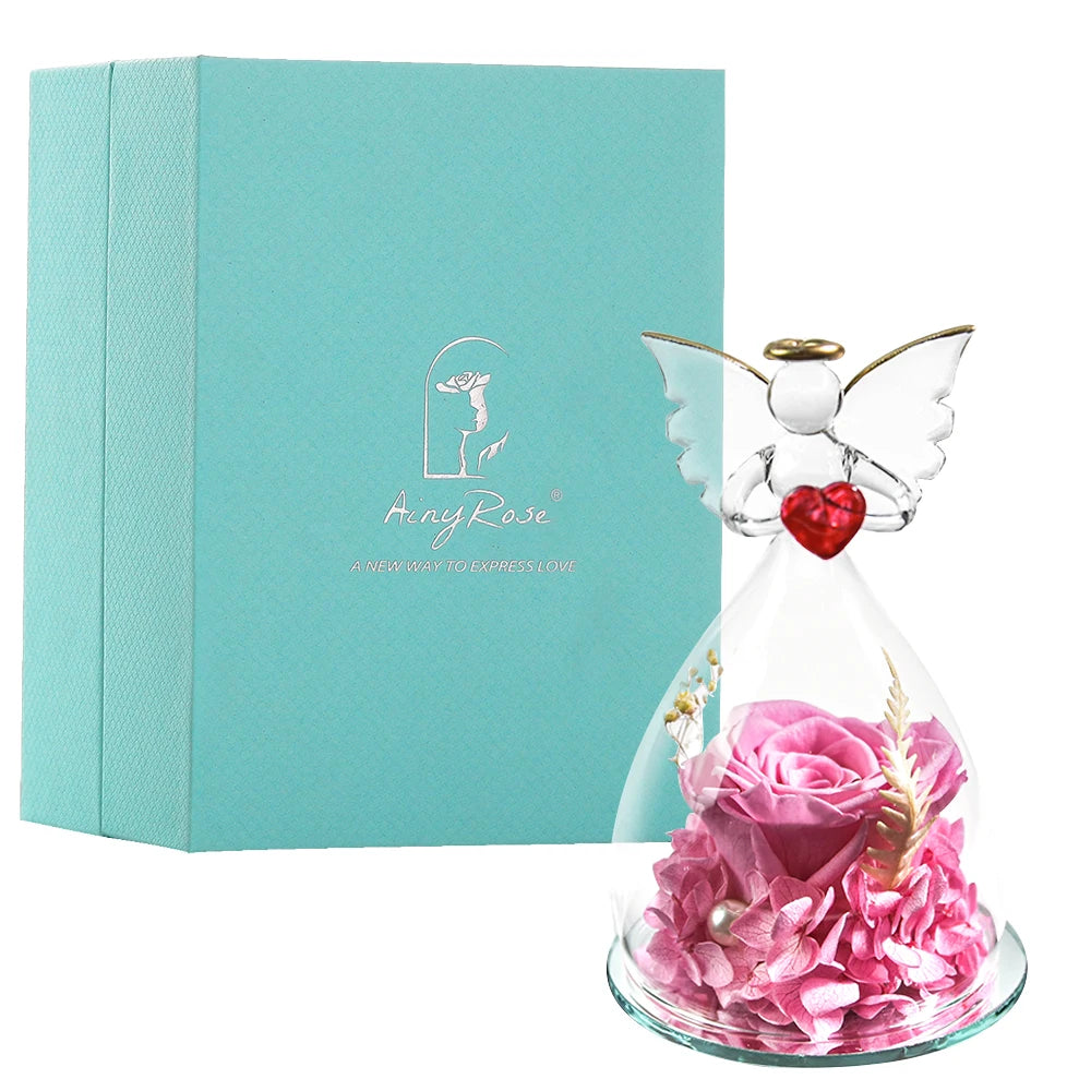 Gift for Girlfriend Forever Rose in Angel Glass Cover Eternal Flowers Home Decor Gifts for Wedding Birthday Valentine Day