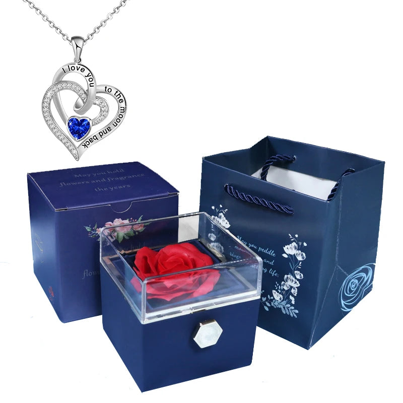 Valentine Soap Rose Jewelry Box with Necklace Rotate Wedding Pendant Rring Storage Case Christmas Gifts for Women Girlfriend