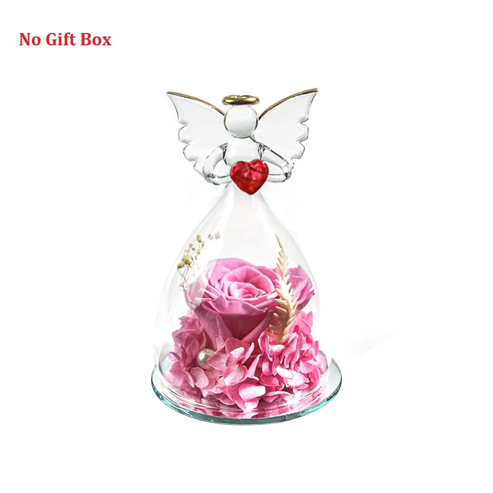 Gift for Girlfriend Forever Rose in Angel Glass Cover Eternal Flowers Home Decor Gifts for Wedding Birthday Valentine Day