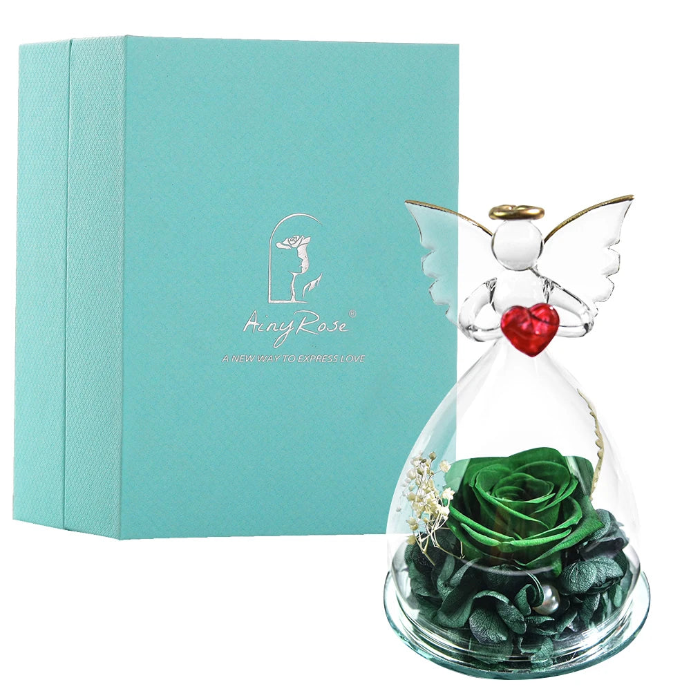 Gift for Girlfriend Forever Rose in Angel Glass Cover Eternal Flowers Home Decor Gifts for Wedding Birthday Valentine Day