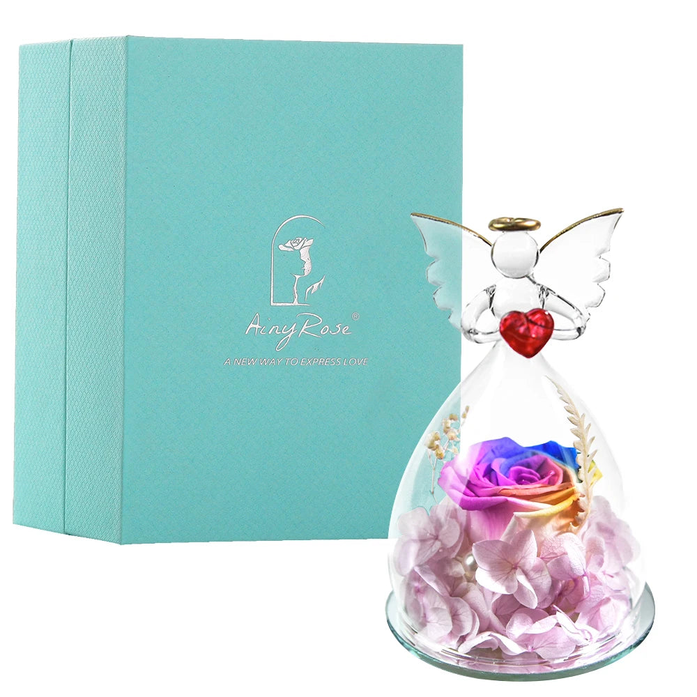 Gift for Girlfriend Forever Rose in Angel Glass Cover Eternal Flowers Home Decor Gifts for Wedding Birthday Valentine Day