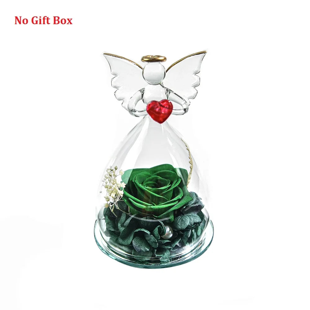 Gift for Girlfriend Forever Rose in Angel Glass Cover Eternal Flowers Home Decor Gifts for Wedding Birthday Valentine Day