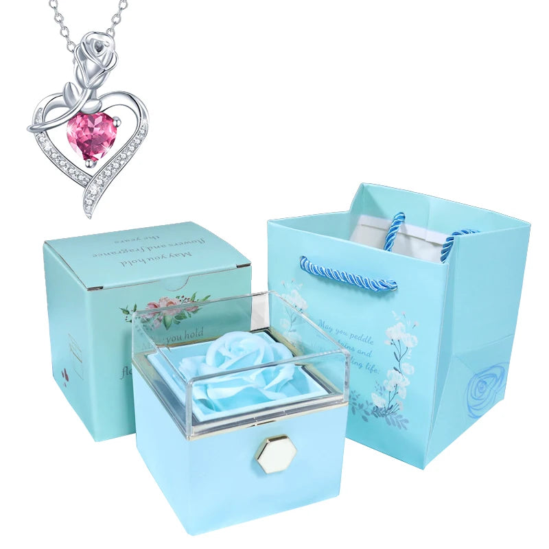 Valentine Soap Rose Jewelry Box with Necklace Rotate Wedding Pendant Rring Storage Case Christmas Gifts for Women Girlfriend